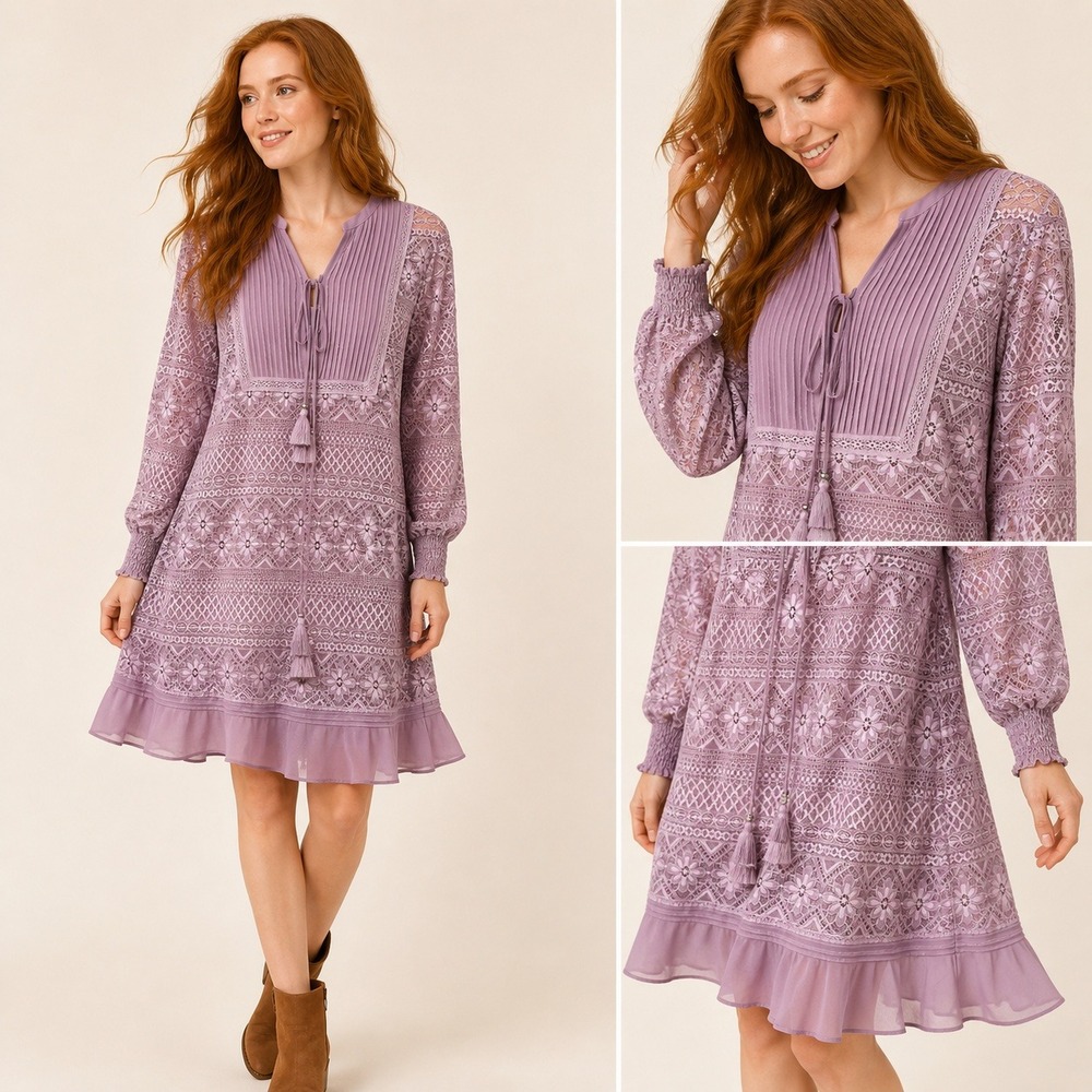 Sundance Lace Mini Dress S Purple Boho Pleated Tassel Ruffle Flounce Hem